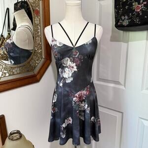 NWOT Dolls Kill Current Mood Grey/Blue Floral Dark Fairy Strappy Mini Dress S